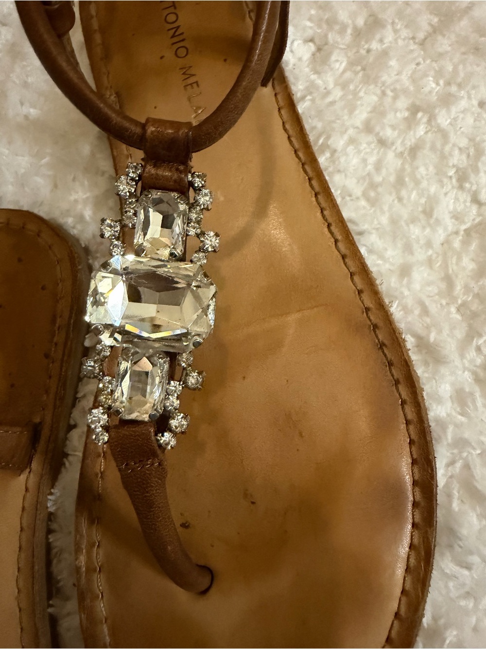 ANTONIO MELANI Brown Jeweled T-Strap Sandals with Clear Crystals